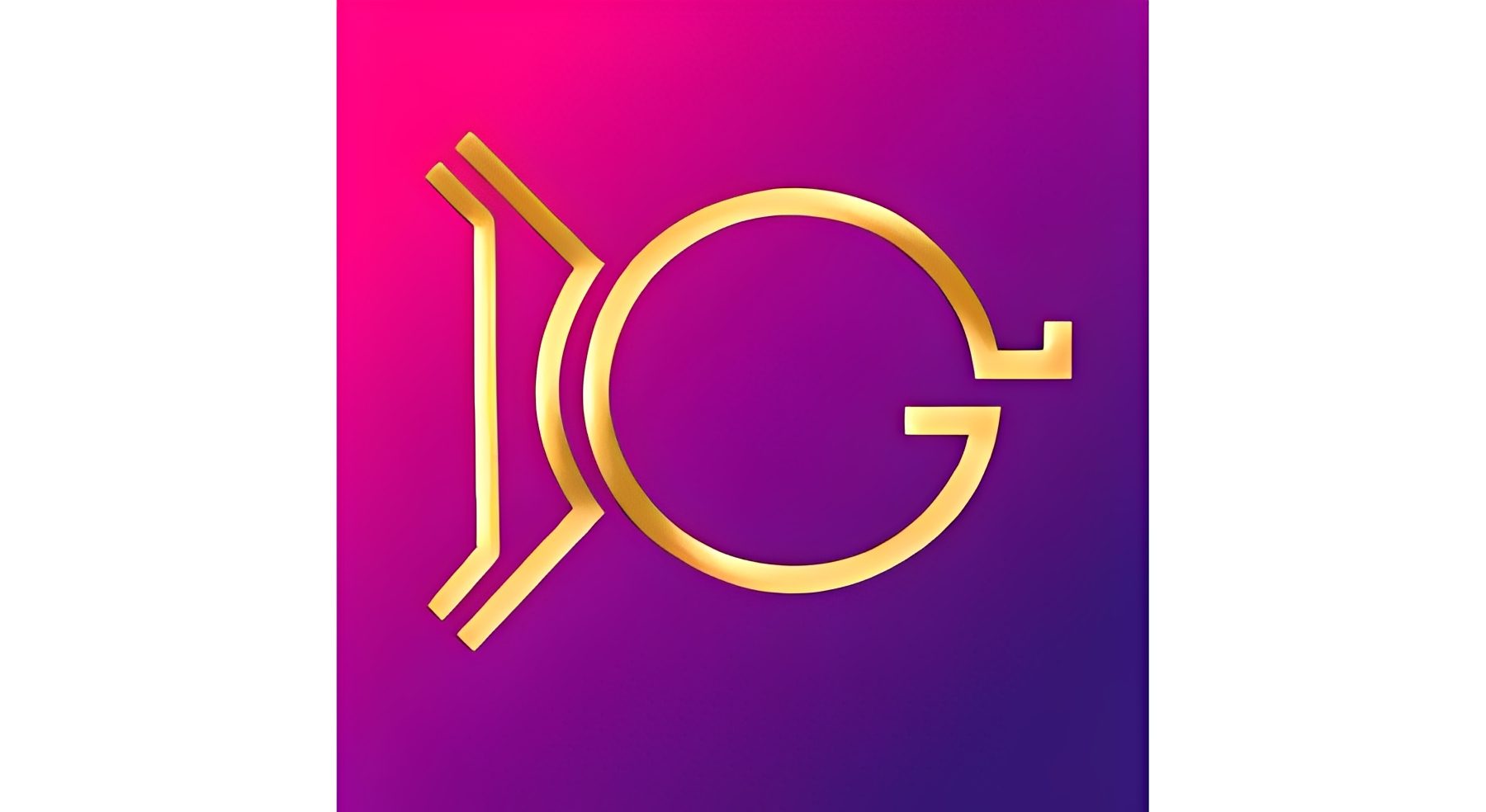 Gold logo on pink and purple background.