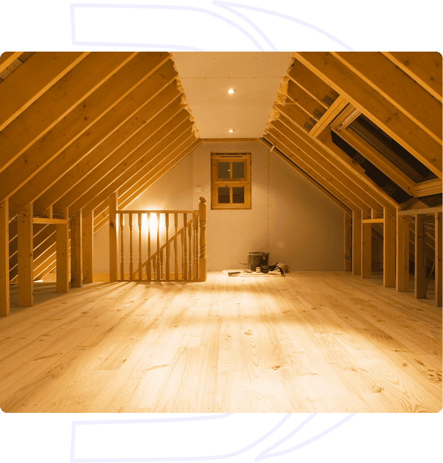 Unfinished attic with wooden beams and flooring.