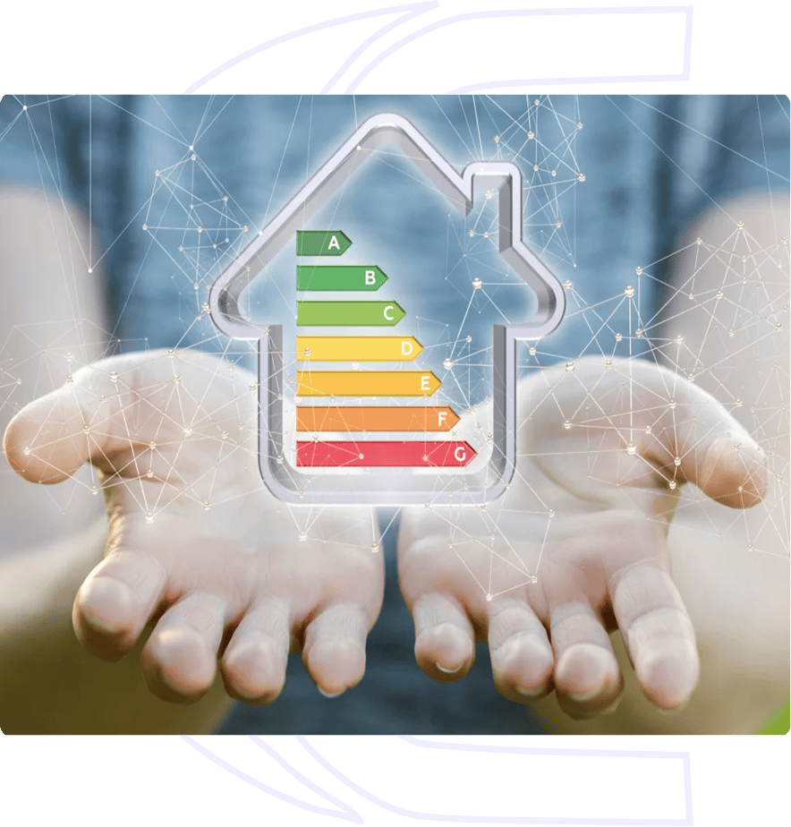 Hands holding energy efficiency rating symbol.