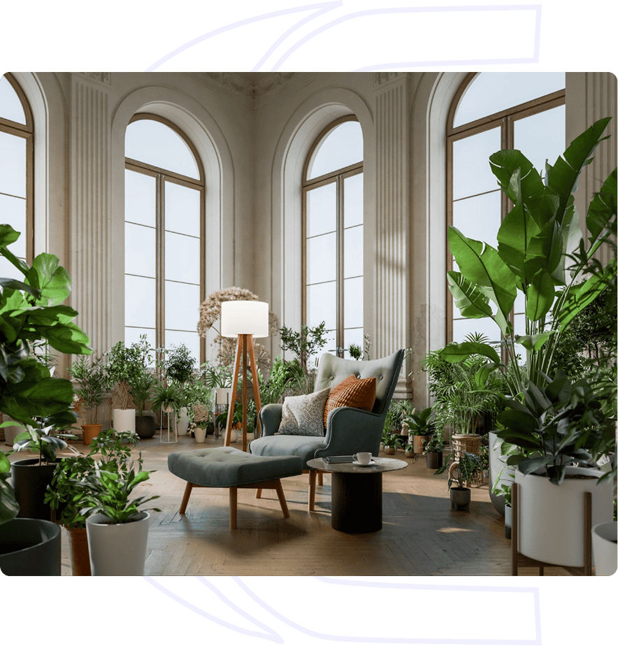 Bright room filled with lush green plants.
