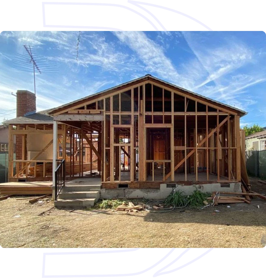 House under renovation with exposed wooden framing