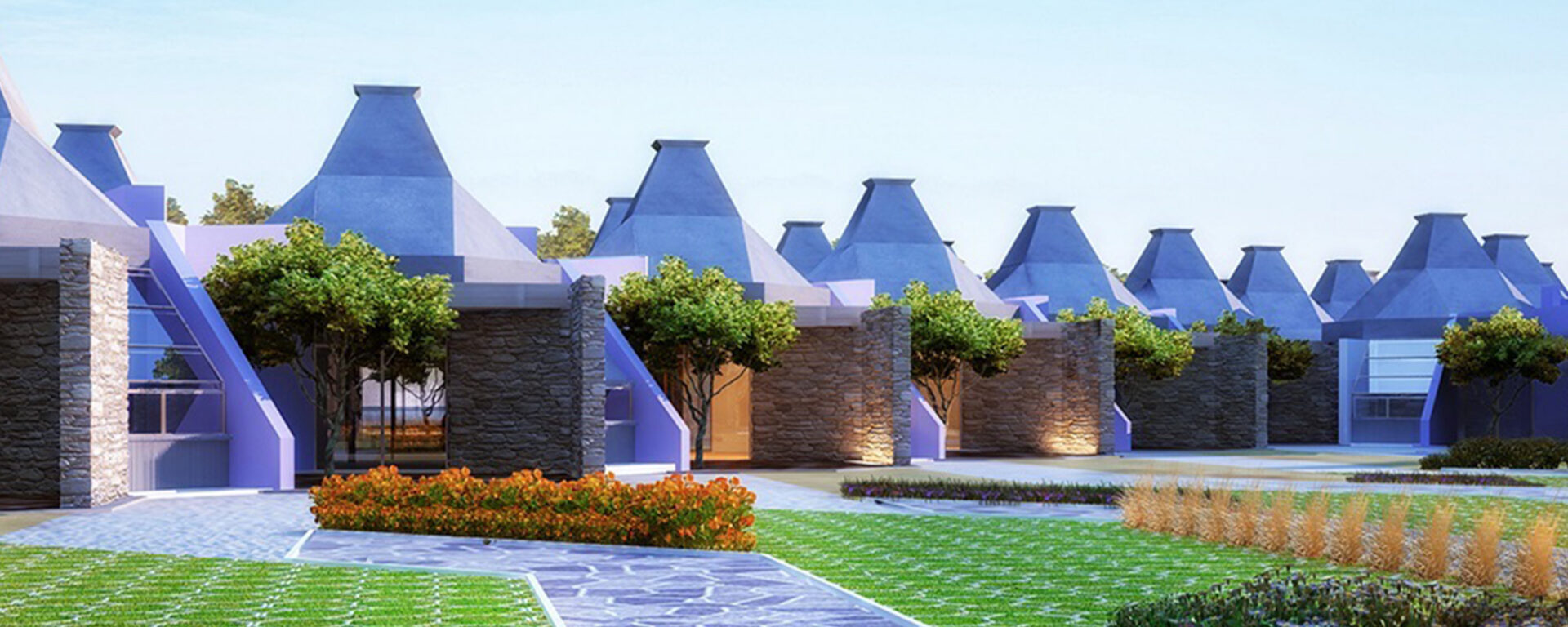 Row of modern blue-roofed villas with landscaping