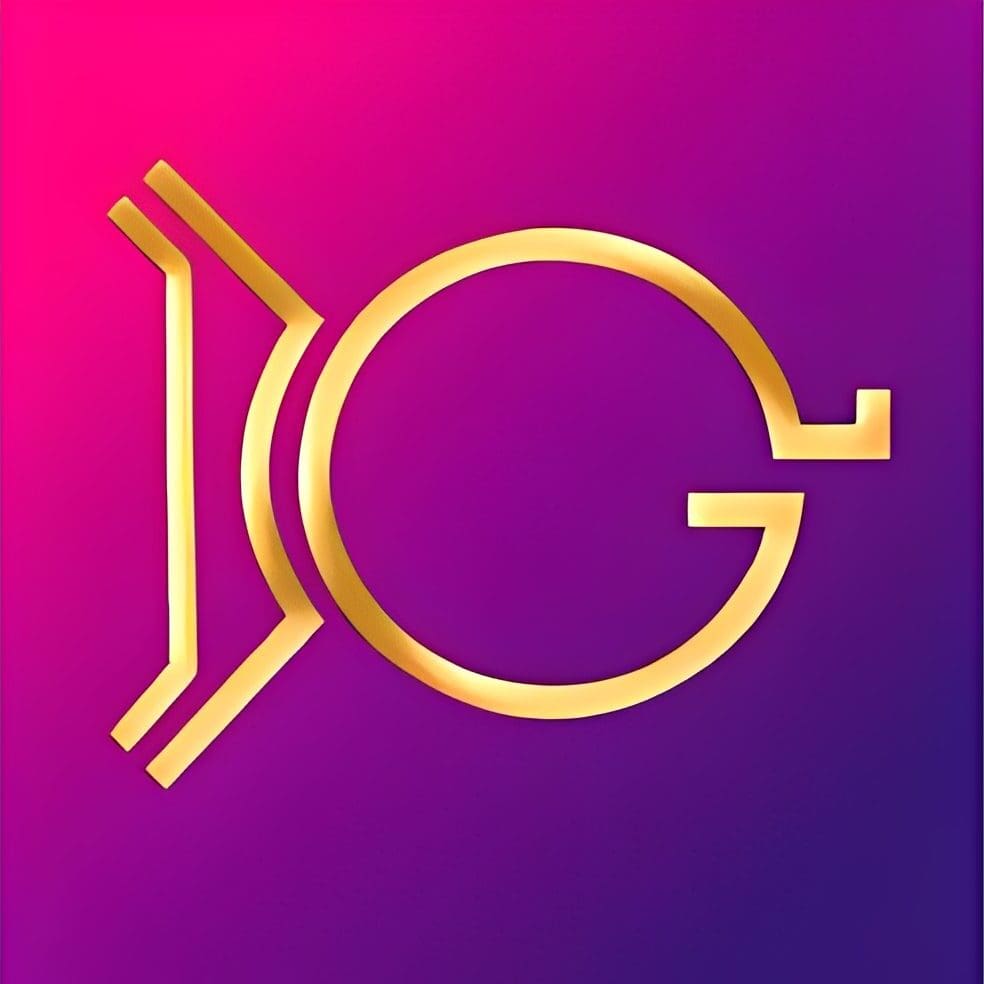 Gold logo on pink and purple background.